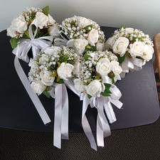 Lot Of 5 1 Dozen Artificial White Rose Faux Silk Bridesmaids Bouquets