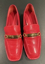 TORY BURCH Perrine Red Square Toe Loafers Womens Size 8M Metal Accent Leather