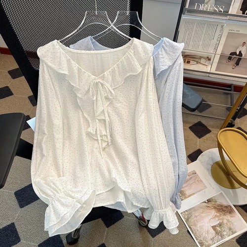 Chemise Blouse Femme Blanche Transparente à Pois - En Satin Doux, Plusieurs Tailles Disponibles