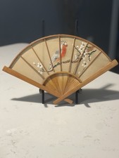 Vintage Handpainted Fabric Bamboo Wall Fan Birds Flowers