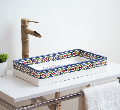 Custom Made Rectangular Bathroom Sink, Blue & Red Handmade Ceramic Vessel Sink