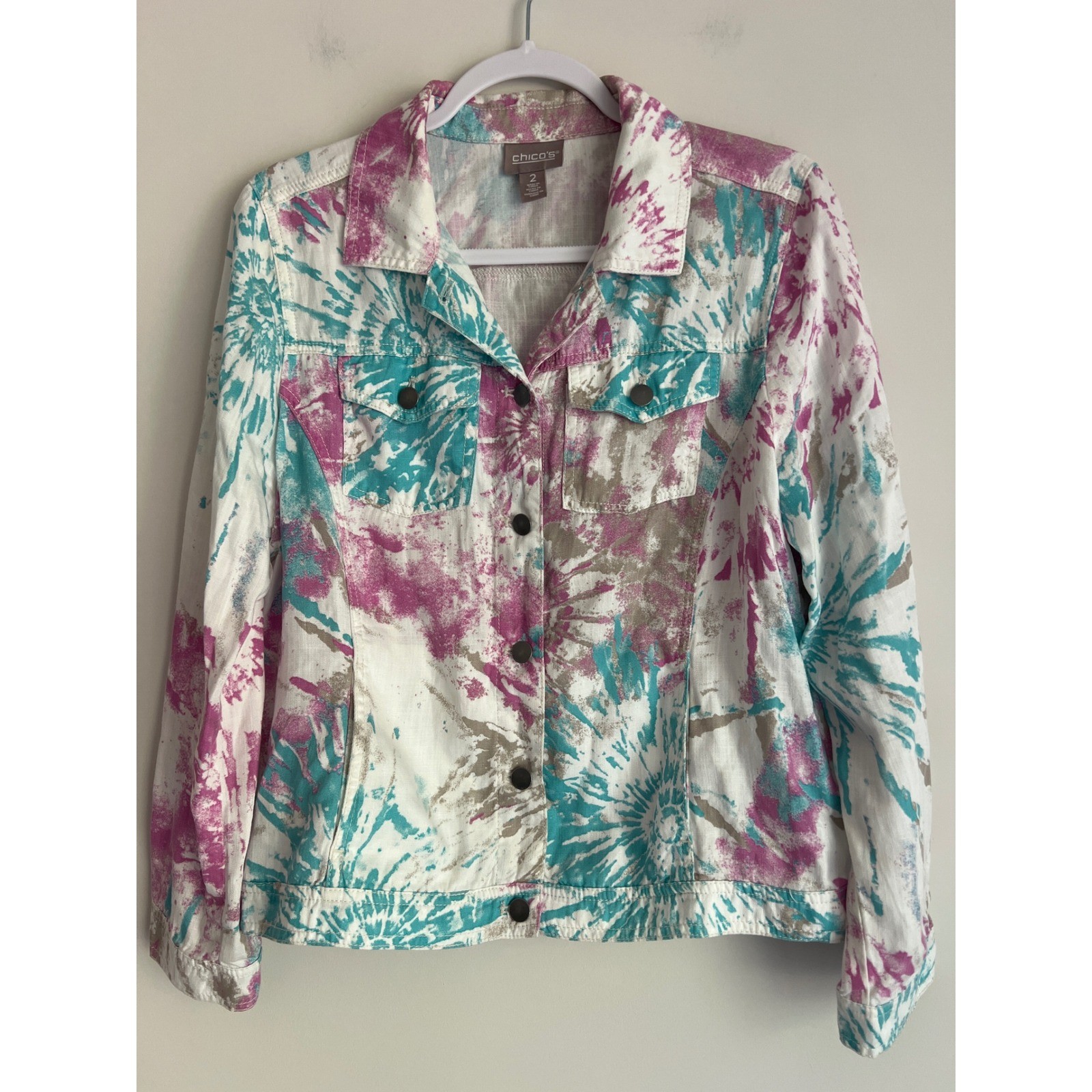 Chico's Women's Size 2 Large Tie Dye Button Up Trucker Style Jacket White Multi