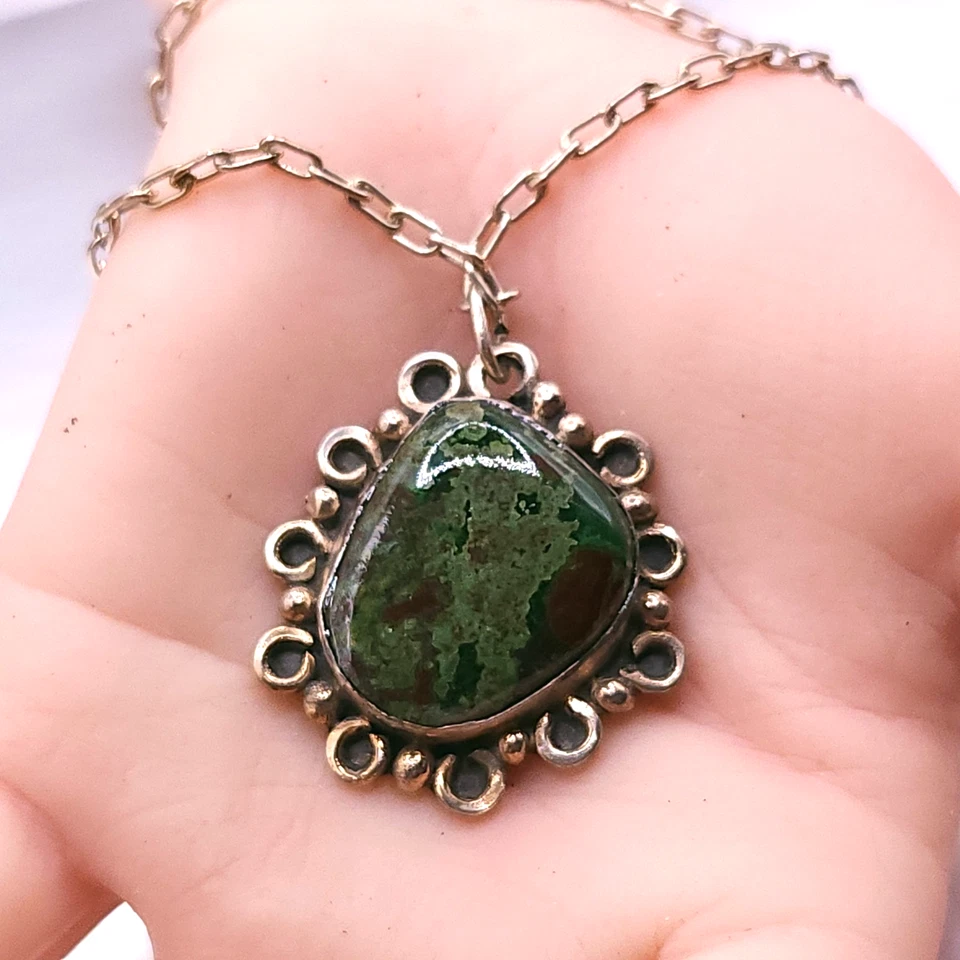 Винтажный серебро зеленый бирюза Мексика подвеска цепочка ожерелье 24" - Изображение 3 из 4