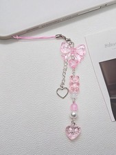 Cute Pink Beaded Phone Charm Strap with Bow Heart and Bear Pendant Keychain