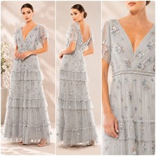 Mac Duggal 9068 Gray Ruffle Tiered Embellished Flutter Sleeve Gown Maxi Dress 4