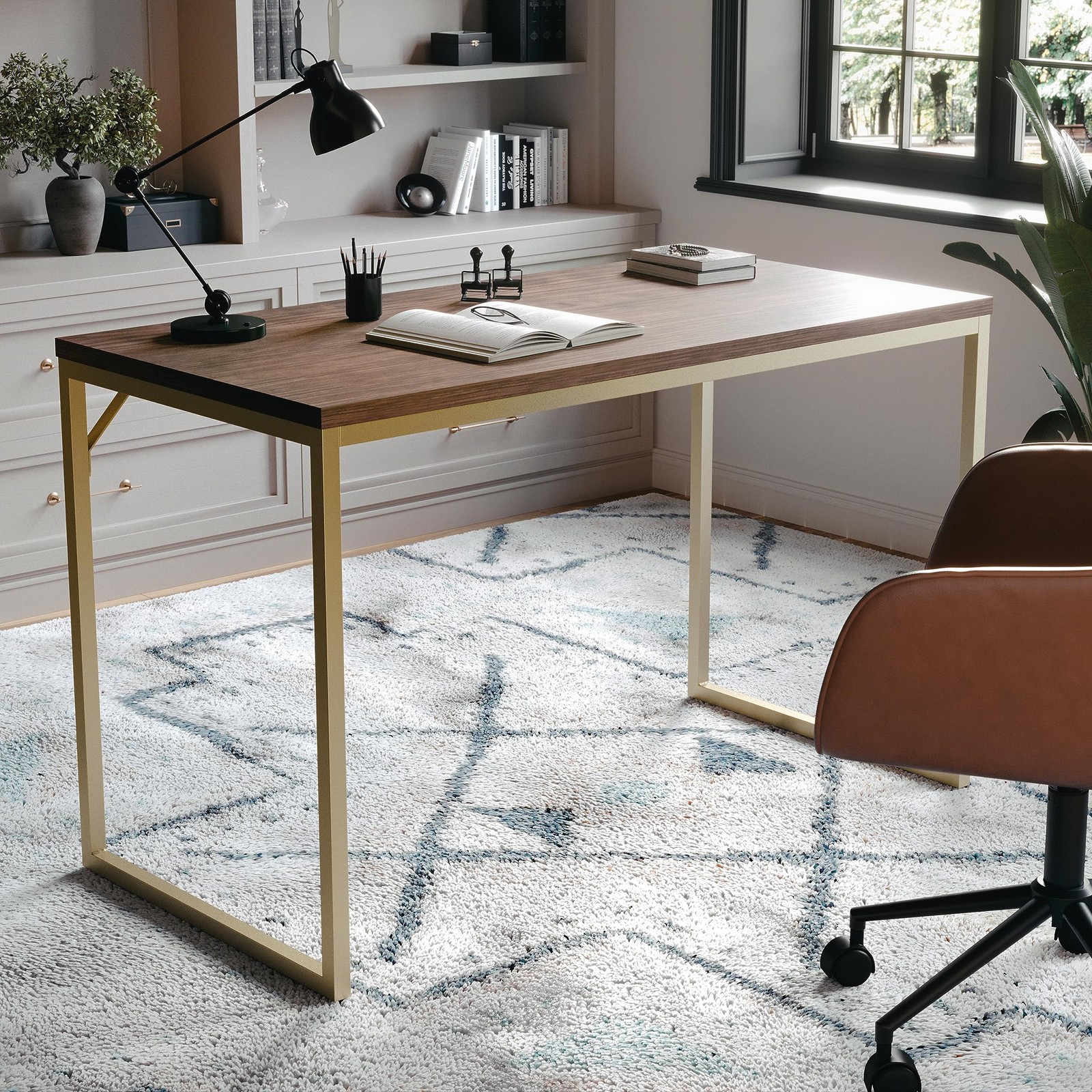 Noah Home Office Parsons Desk in Walnut Wood Grain with Poli