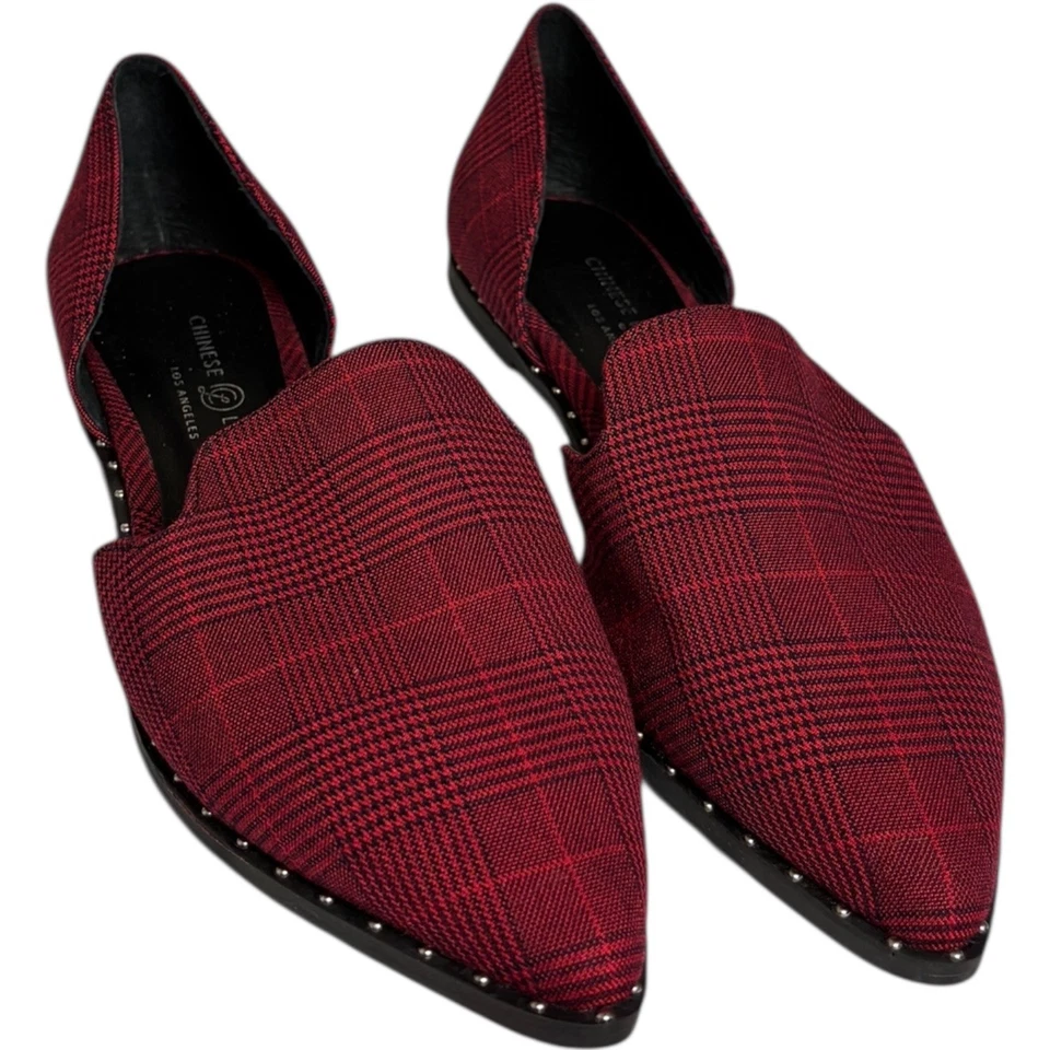 Nuevo Mocasín Chino Lavandería Emy Cuadros Punta Punta Plana Talla 10 Rojo Negro Tachonado Foto 2 de 4