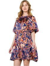 THML Puff Sleeve Tiered Print Dress br Navy