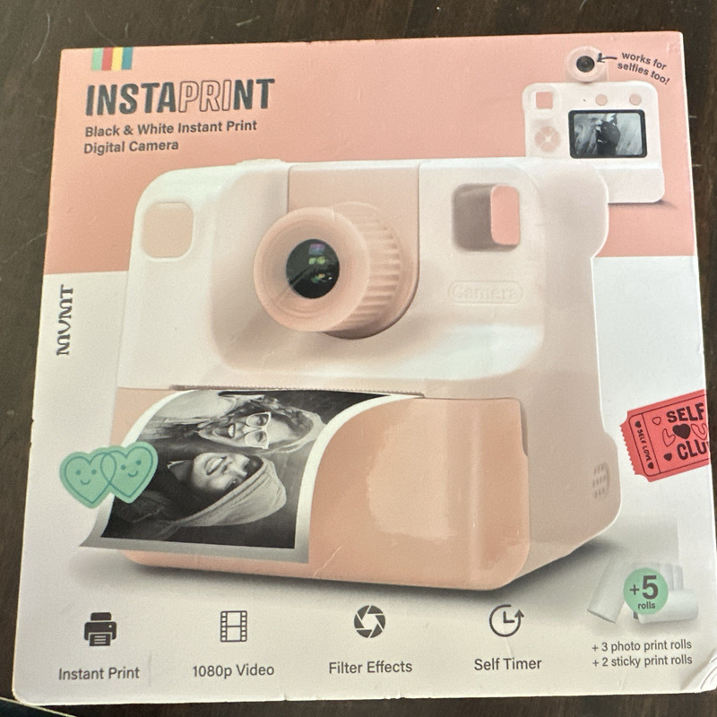 NVMNT InstaPrint Instant Print Digital Camera, White/Pink, Wrist Strap, 3 Rolls