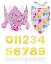 PET SHOW Pink Crown Hat & Plaid Bandana Set for Dog Cat Birthday Party Supplies