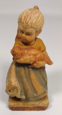 Hand Carved Girl & Dog Wood Figurene  3'' tall age related issues Very Old Find