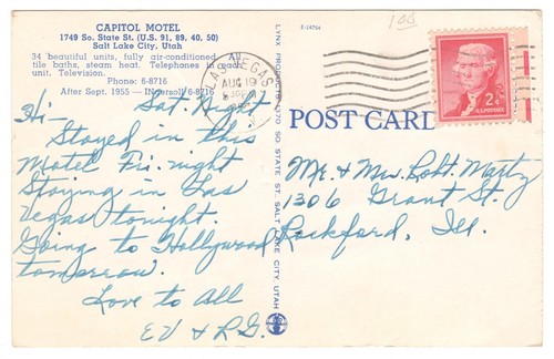Postal de colección de Capitol Motel Salt Lake City Utah publicada era cromada - Imagen 2 de 2