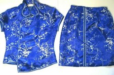 Hongyeqipao Blue Satin Silk Floral Suit Chinese Large Traditional Cosplay Dress