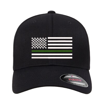 American Flag Thin Green Drab Line Embroidered Flexfit Fitted Black Ball Cap Hat
