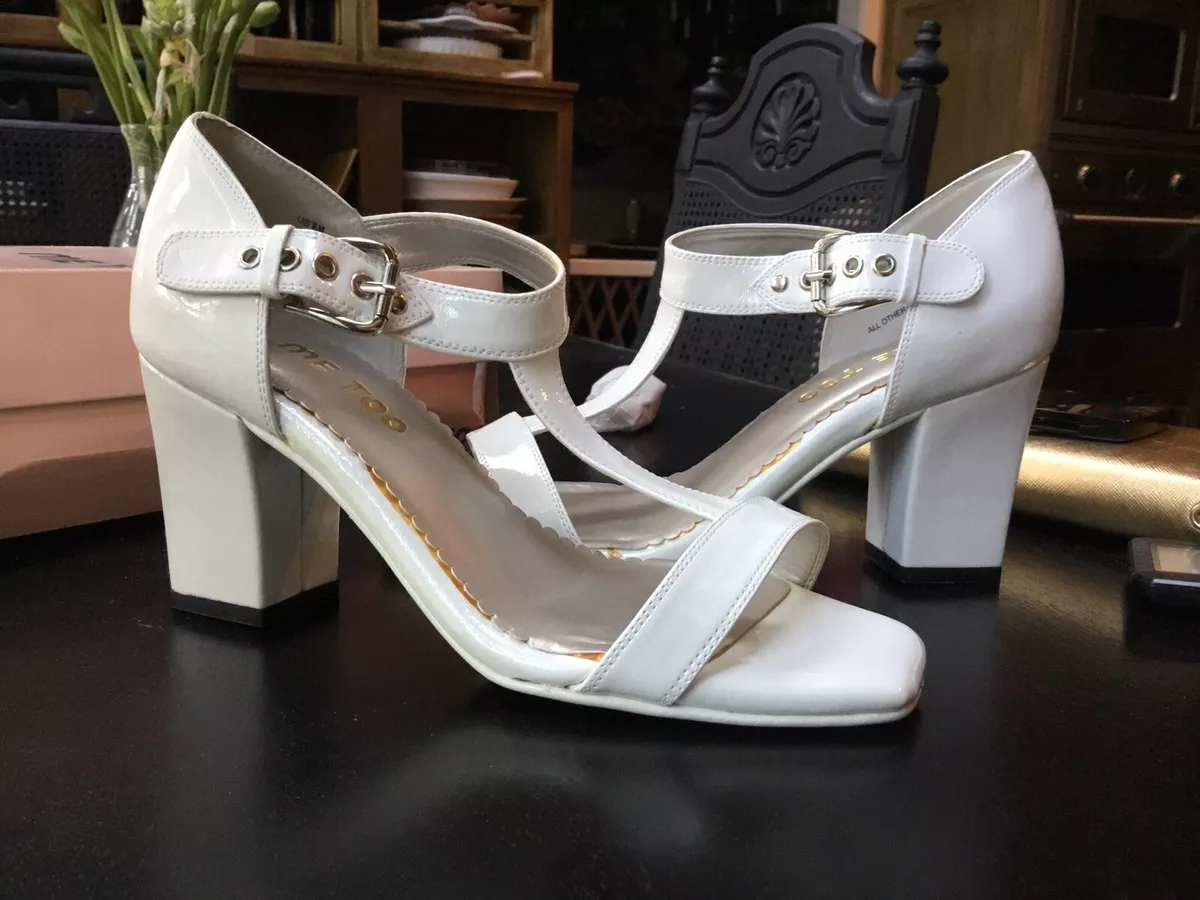 me too shoes Women s 7.5 White Square Toe Patent Leather Block Heels