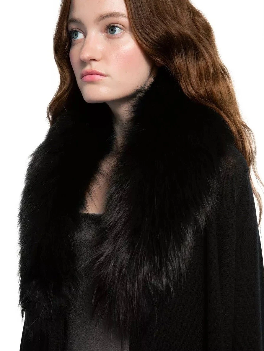 Alice Olivia Izzy Cascade Fur Collar Cardigan Black Size S NEW