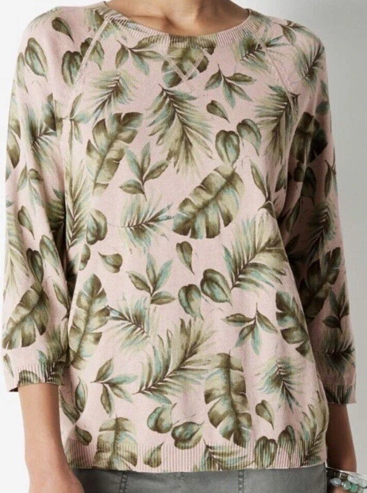 NWT J. Jill 2X Tan Palm Leaf Print Sweater 3/4 Sleeve Tropical Green Beach - Image 2 of 4