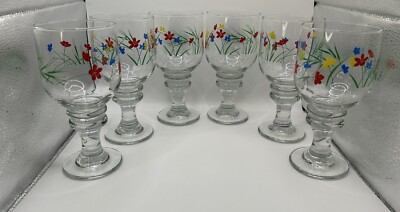 Libbey, Hand Painted Red, Blue and Yellow Floweres with Green Wispy Grass