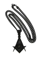 Jet Black Tone Freemason Masonic Pendant 5mm 24" Cuban Chain Necklace RC2915BP