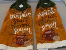 LOT OF TWO NEW CROCHETED TOP HANGING KITCHEN TOWELS HAPPY PUMPKIN SPICE SEASON