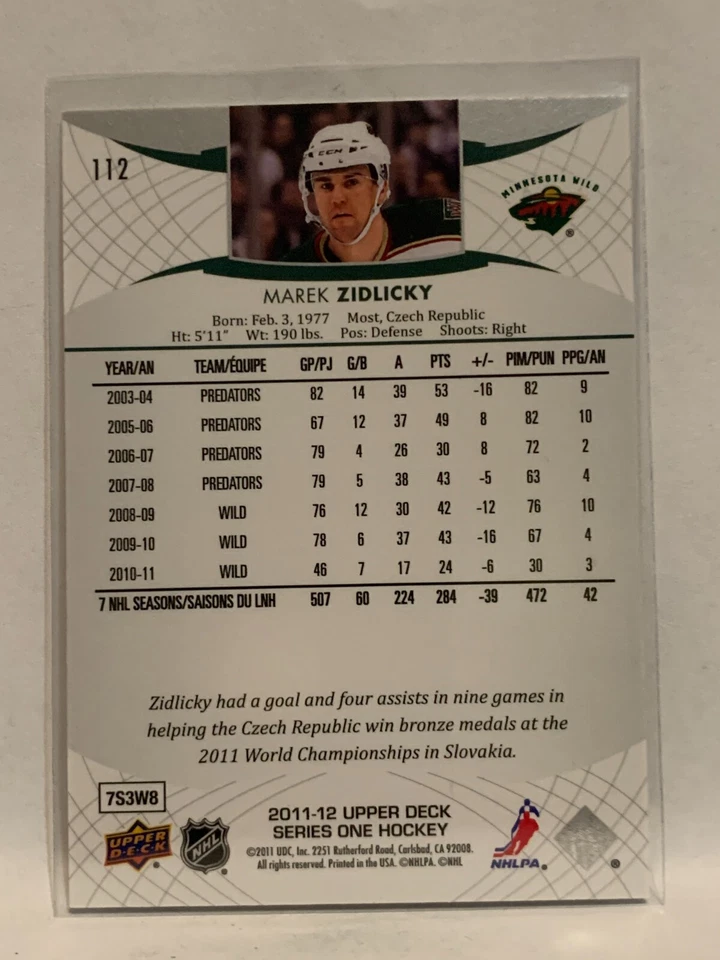 #112 Marek Zidlicky Minnesota Wild 2011-12 Upper Deck Series One Hockey Card - Image 2 of 2