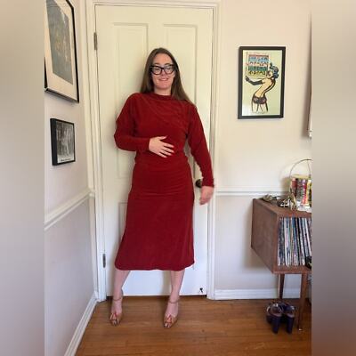 30s Vintage Orange Velvet Long Sleeve Dress