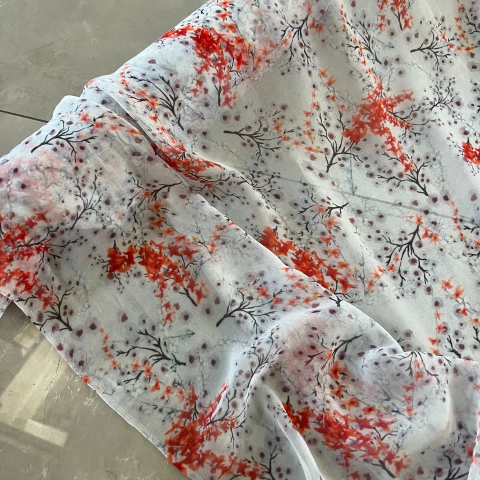 100% чистый шелк 12 momme тонкий Georgette шелковая ткань белый цветочный 55» шириной XX206 - Изображение 3 из 3