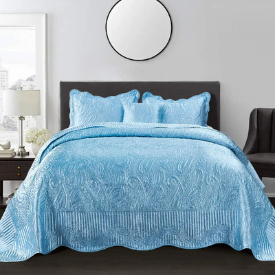 4 pc Satin Bed Spread Set Soft Quilted Quilt King Coverlet Microfiber Comforter