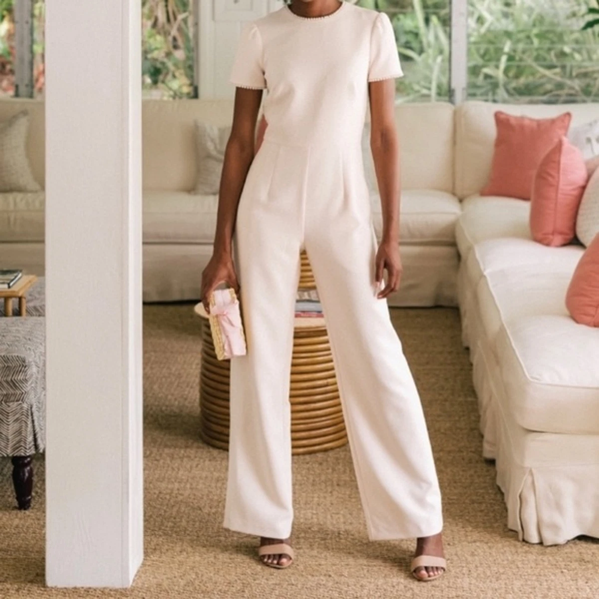 NWOT Gal Meets Glam Faux Pearl Neckline Cream Nadia Jumpsuit - Size 18 |  eBay