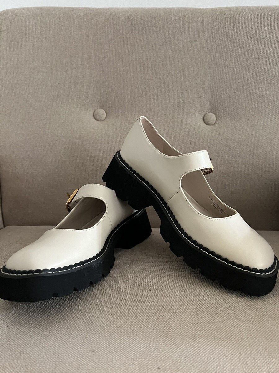 Charles And Keith Metallic Buckle Mary Janes - Chalk, Size