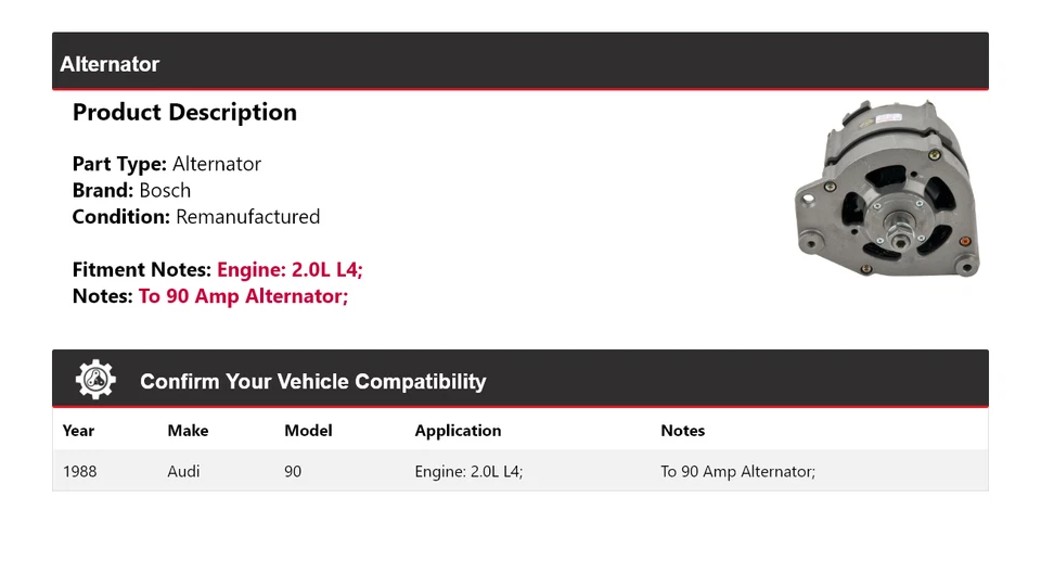 Alternador Bosch Audi 90 1988 2,0 L L4 (remanufacturado) Foto 2 de 4