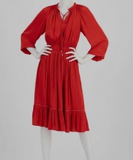 T Tahari Women's Red Split-Neck 3/4-Sleeve Fit & Flare Tiered Dress Sz S