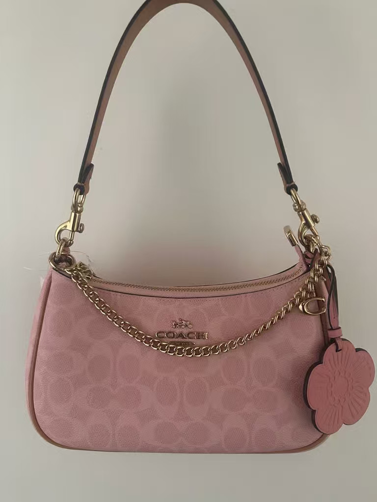 COACH Teri Shoulder Bag Signature Canvas With Charms Gold/Powder Pink CEA20