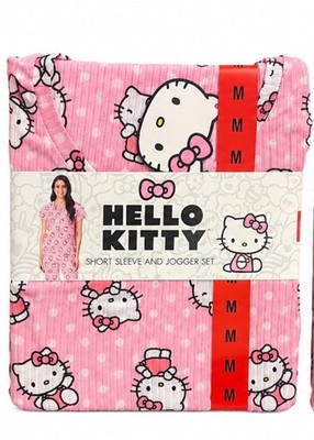 NWT Hello Kitty Womens Pajama Set Pink Short Sleeve Jogger Medium Cute Soft New