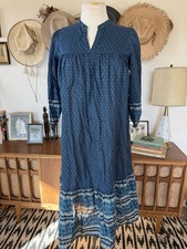 Anna Sui x Uniqlo Women Dress Sz XXS Blue Floral Midi A Line Peasant 3/4 Sleeve