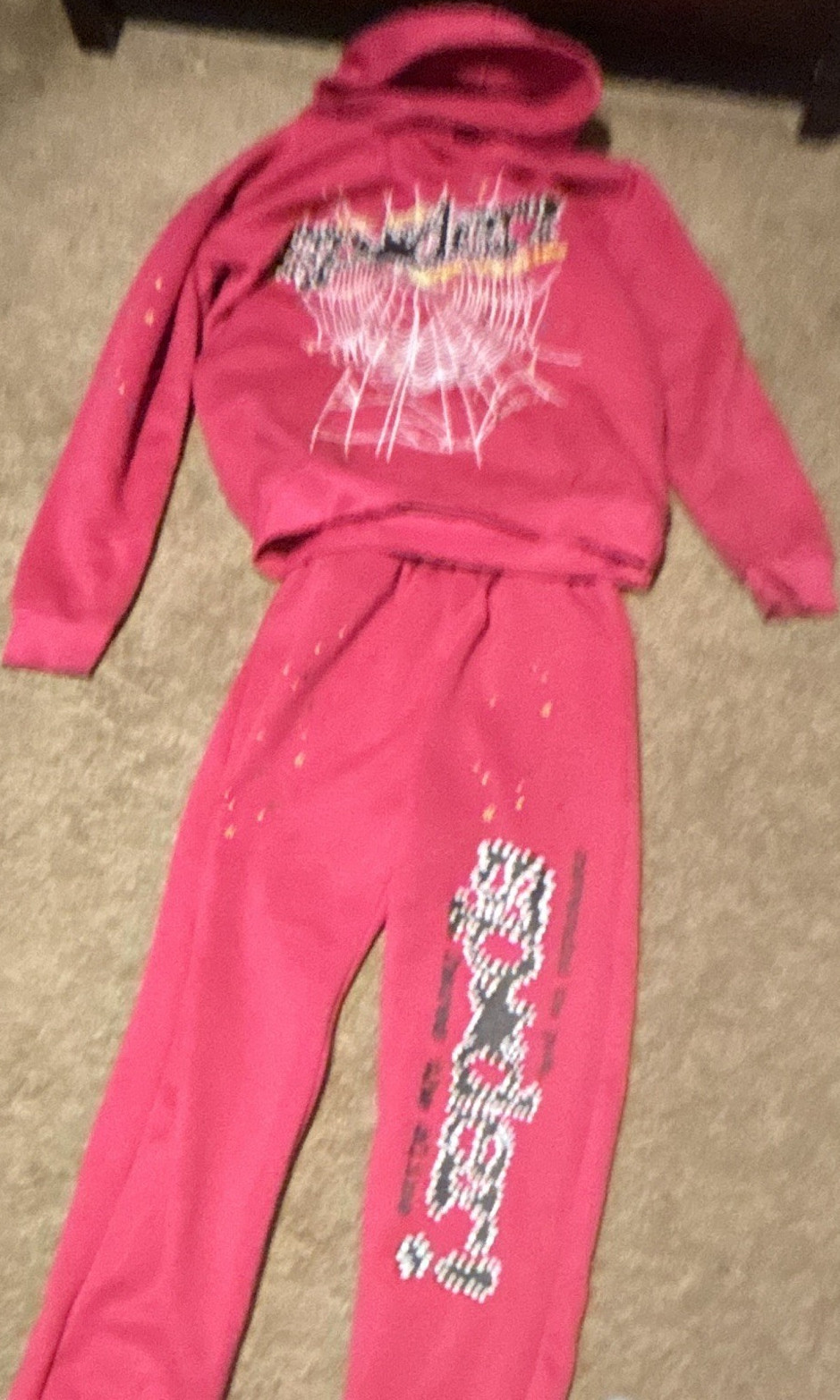 sp5der Men's Pink Graphic Tracksuit Set M Hoodie & Pants 2pc