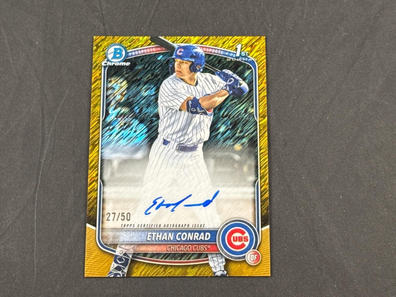 2025 BOWMAN CHROME DRAFT ETHAN CONRAD 1ST GOLD SHIMMER REFRACTOR AUTO 27/50 CUBS