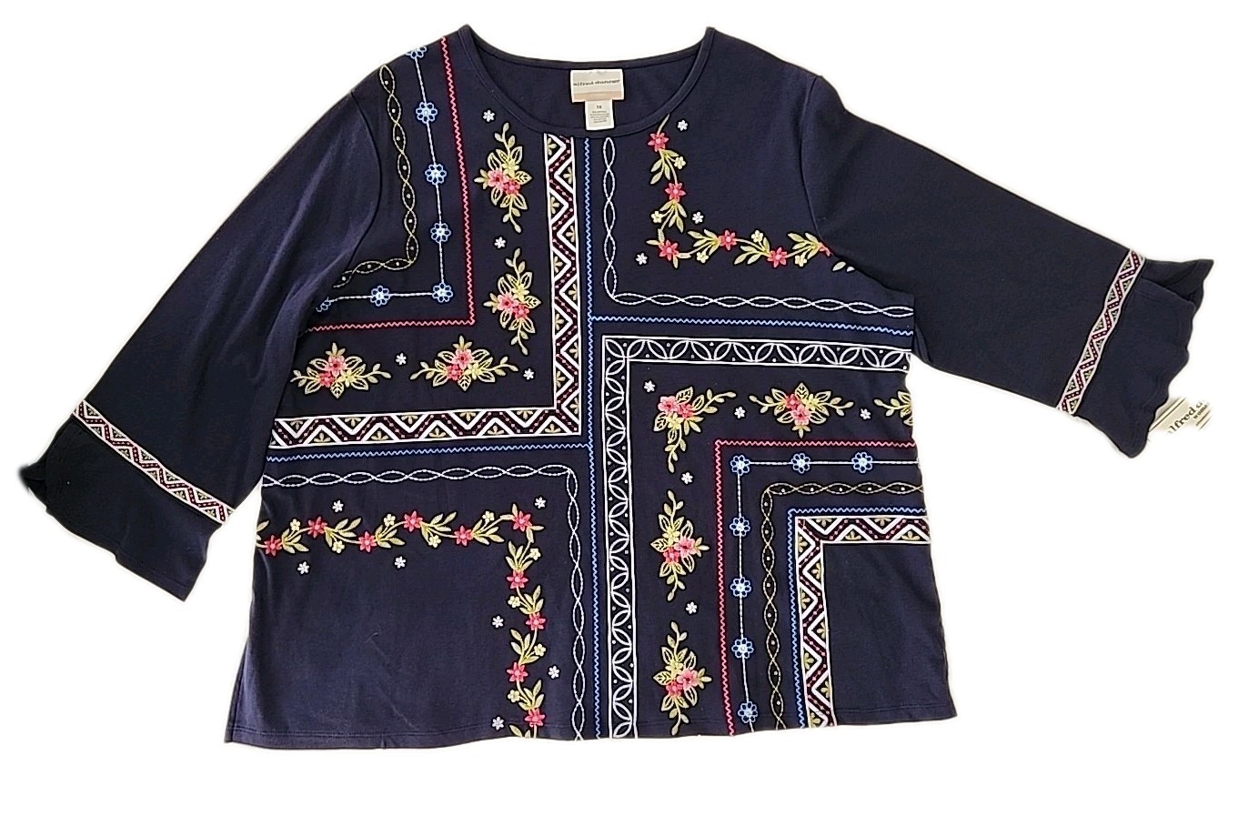 Alfred Dunner Women's 1X Flower Embroidery Quad Top Blue Flutter Sleeve Stunning