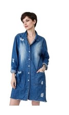 TAXI Blue Denim Collared Button Front Shirt Dress Pockets Distressed M