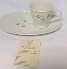 Belleek Everyday Shamrock Basketweave Breakfast Snack Set Plate Mug Cup Ireland