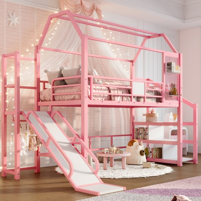 #ad Twin House Loft bed with Slide and Stairs Metal Playhouse Bed with Storage Shel $508.65