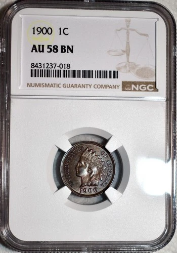 NGC AU-58 BN 1900 Indian Head Cent, Strong Mint Luster & Barely Worn.