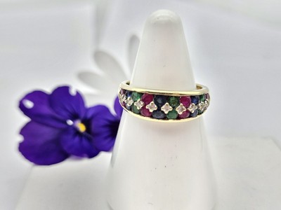 Halb-Ewigkeitsring 9 kt gepunzt Gold Diamant, Smaragd, Rubin & Saphir. Größe O