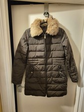 Massimo Dutti Women’s Winter Coat Olive Green Faux Fur Neck Trim Size 8