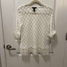 Alfani Womens White on White Polkadot Shear Blouse NWT Boho Petite Sm