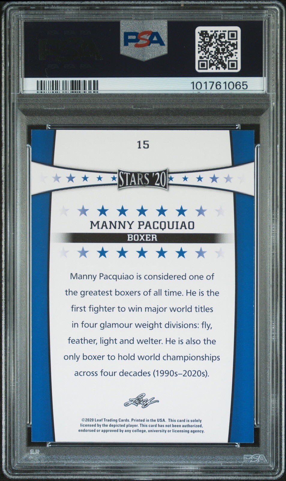 2020 Leaf Stars Manny Pacquiao #15 Special Release Card Boxing PSA 9 Graded Slab view 2