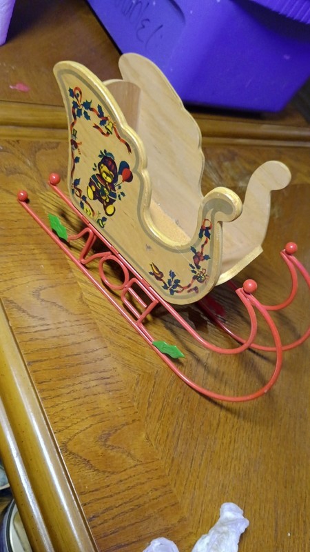 Vintage Christmas Wooden Sleigh Decoration w/ Red Metal Runners Has Wood Crack