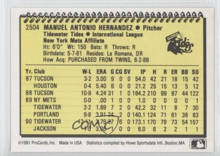 1991 ProCards Minor League Manny Hernandez #2504 - Image 2 of 2