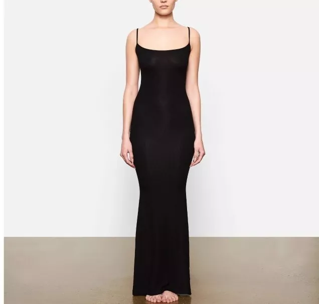 Skims Soft Lounge Long Slip Dress Ribbed Maxi Black Small S Skims