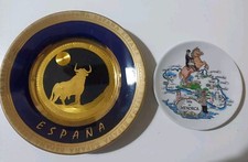 2 Piatti Ceramica Souvenir Spagna Toro Blu Oro 15 Cm ∅ Menorca 10 Cm ∅ Piatto 